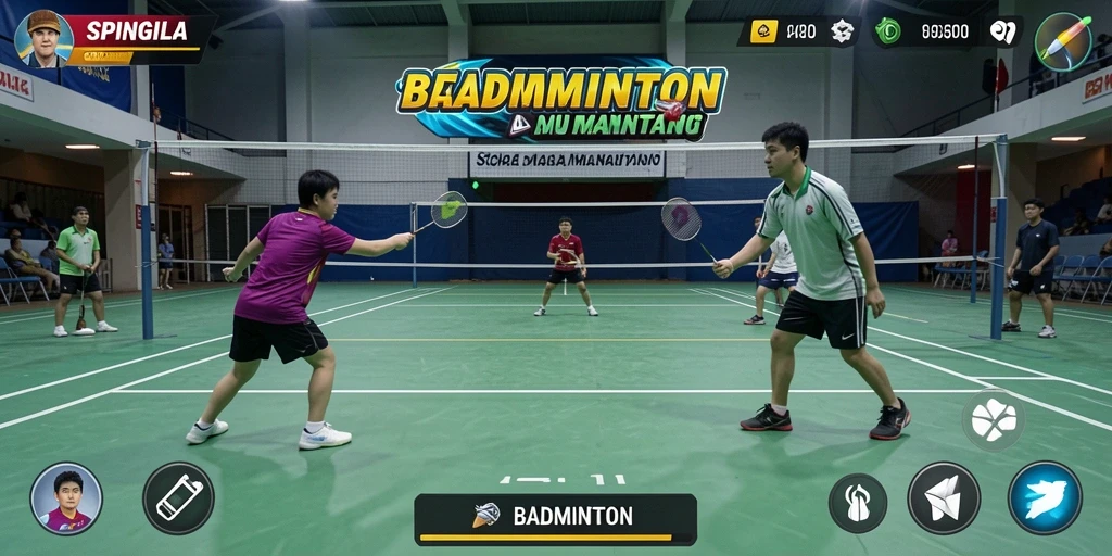 Tampilan antarmuka SPINGILA dengan karakter dan lapangan badminton.